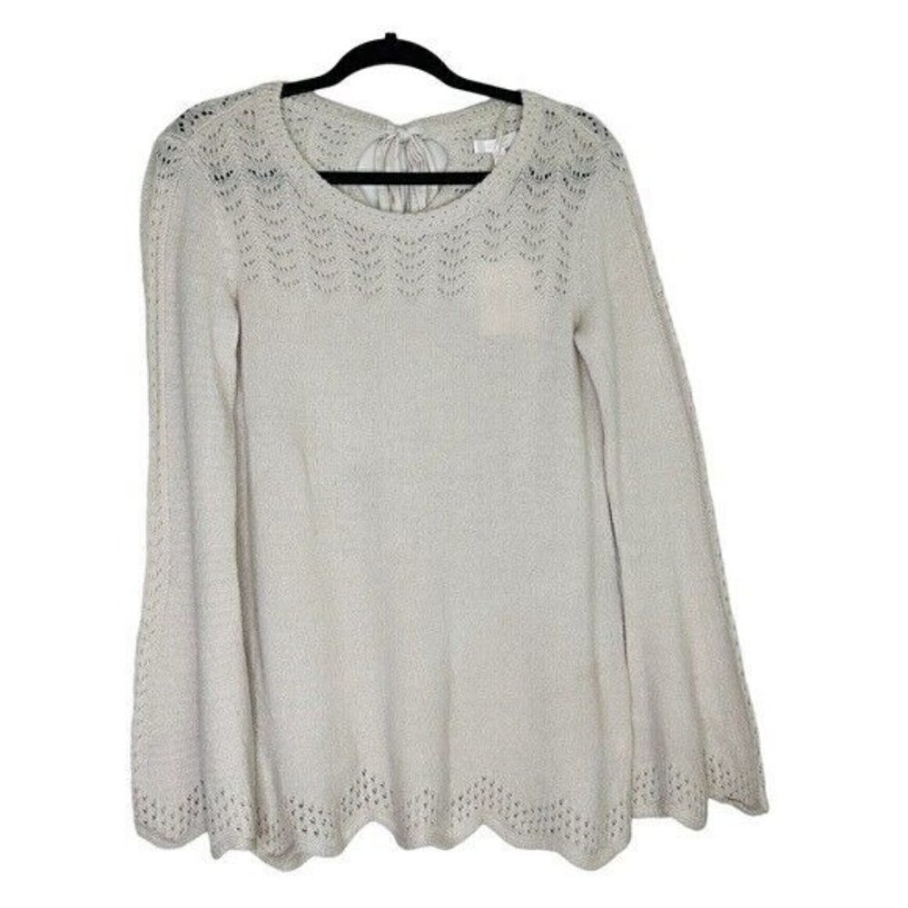 Lc LAUREN CONRAD, Sz Medium Ivory Sweater w/Scalloped Hem & Tie at Back Neck
